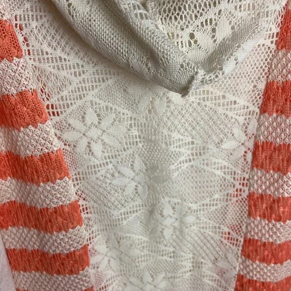 Miss Me Size Medium Stripe Knit Hooded Sweater Crochet Fringe Boho Gauze Cream - Picture 9 of 9